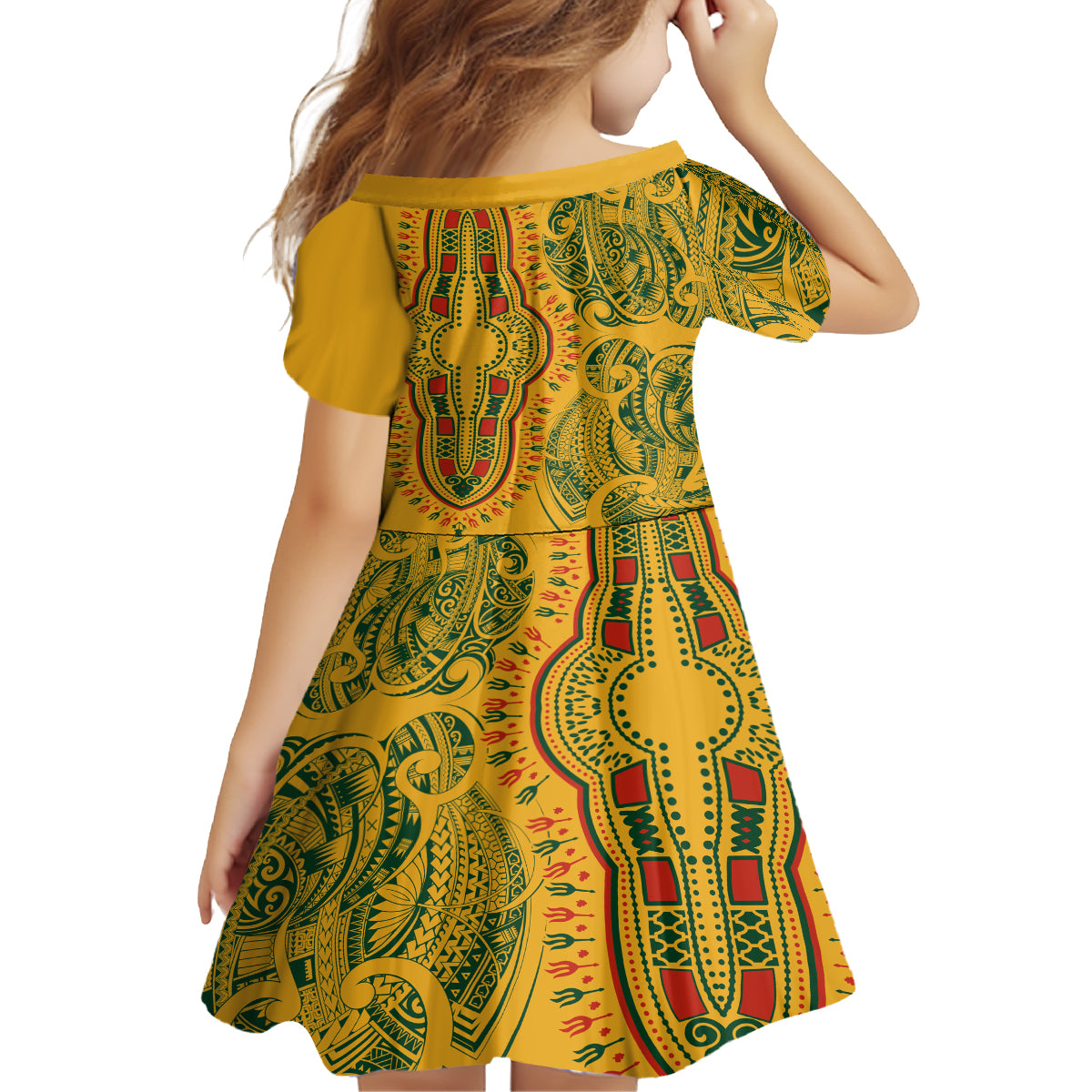 Africa Dashiki Family Matching Off Shoulder Short Dress and Hawaiian Shirt African Tribal Art Mixed Polynesian Tattoo Gold Color Unique LT9 - Wonder Print Shop