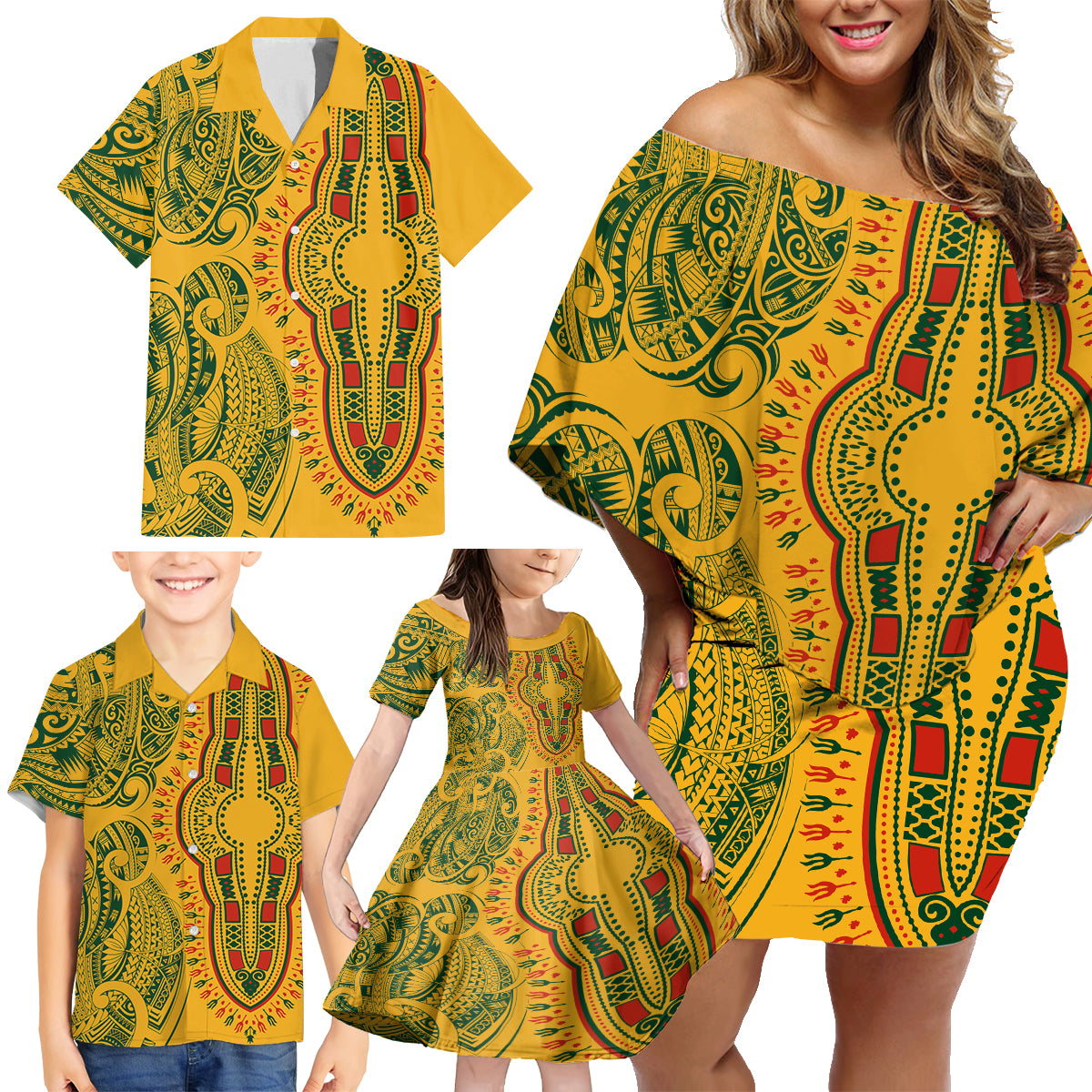 Africa Dashiki Family Matching Off Shoulder Short Dress and Hawaiian Shirt African Tribal Art Mixed Polynesian Tattoo Gold Color Unique LT9 - Wonder Print Shop