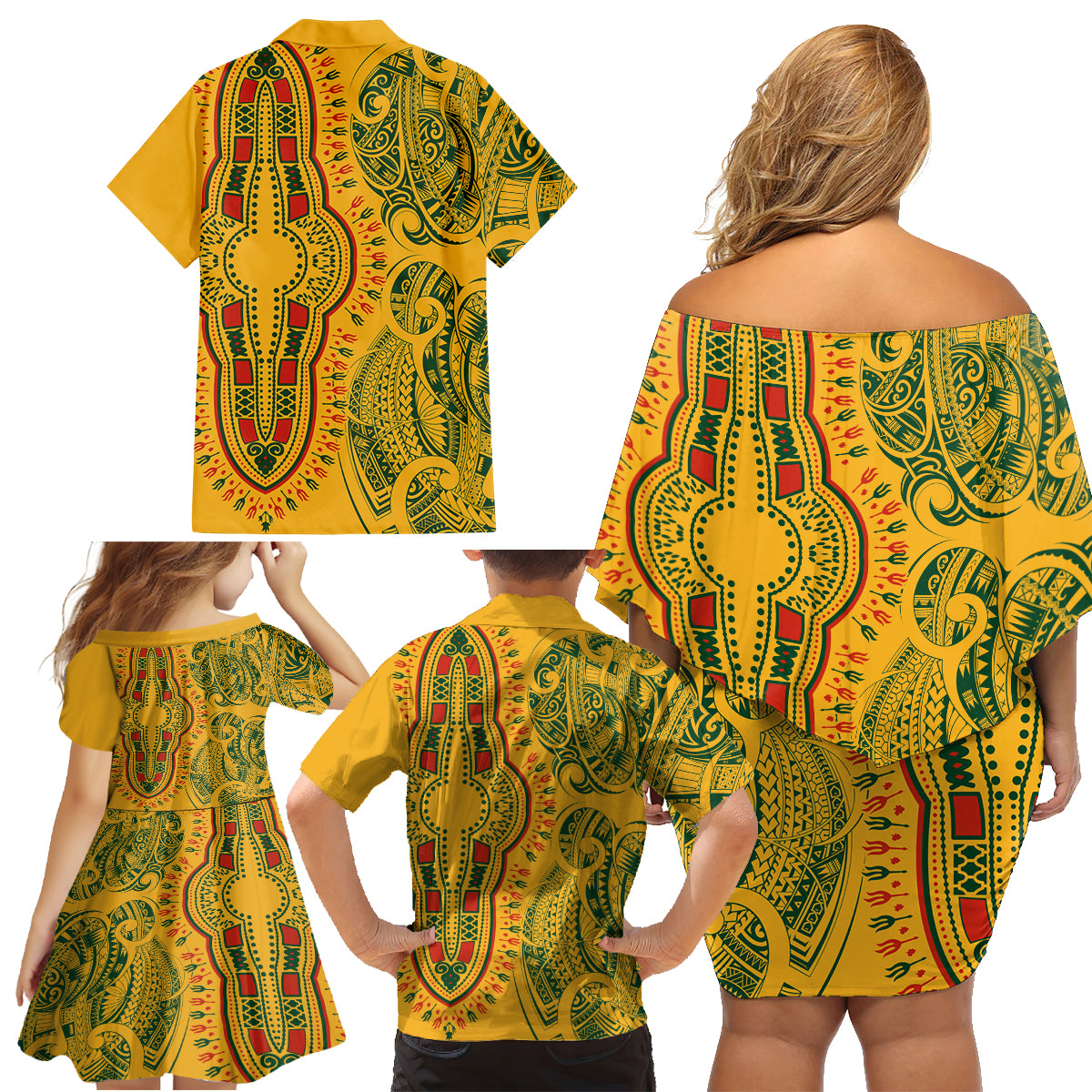 Africa Dashiki Family Matching Off Shoulder Short Dress and Hawaiian Shirt African Tribal Art Mixed Polynesian Tattoo Gold Color Unique LT9 - Wonder Print Shop