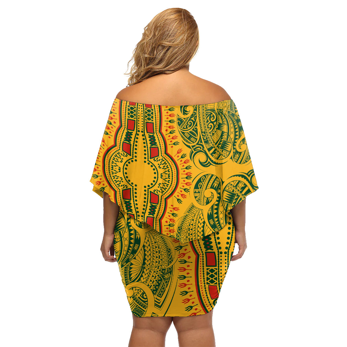 Africa Dashiki Family Matching Off Shoulder Short Dress and Hawaiian Shirt African Tribal Art Mixed Polynesian Tattoo Gold Color Unique LT9 - Wonder Print Shop