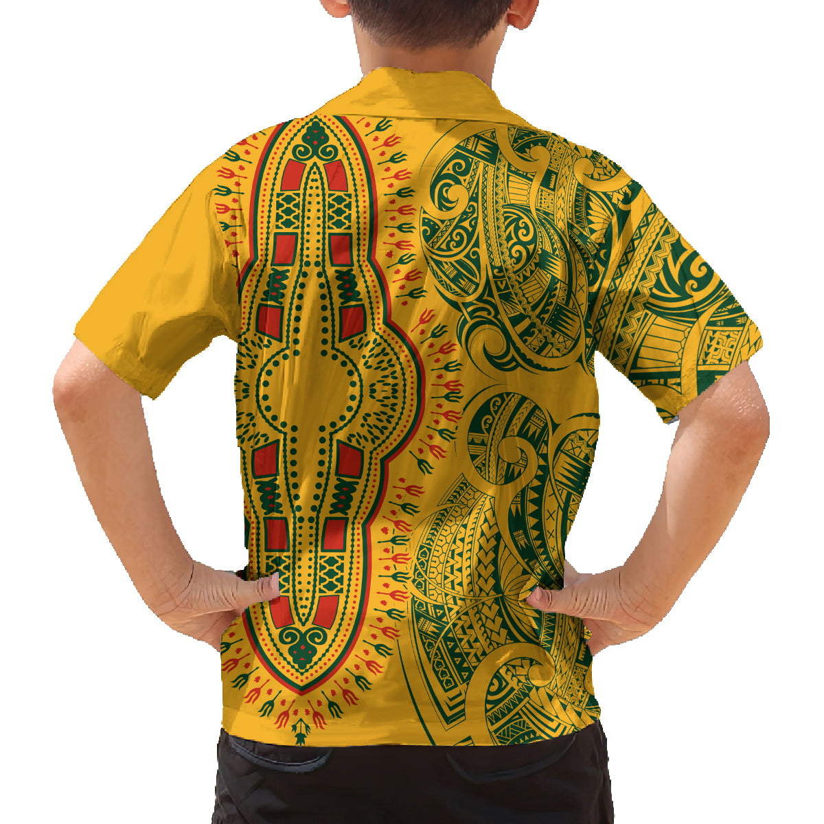 Africa Dashiki Family Matching Puletasi Dress and Hawaiian Shirt African Tribal Art Mixed Polynesian Tattoo Gold Color Unique - Wonder Print Shop