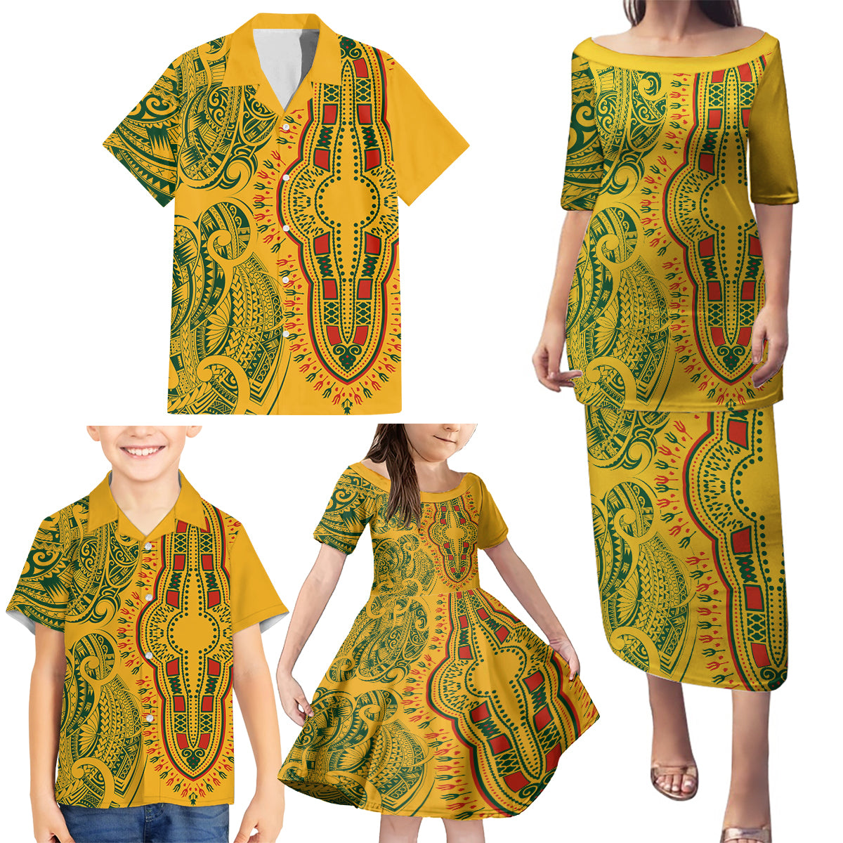 Africa Dashiki Family Matching Puletasi Dress and Hawaiian Shirt African Tribal Art Mixed Polynesian Tattoo Gold Color Unique - Wonder Print Shop