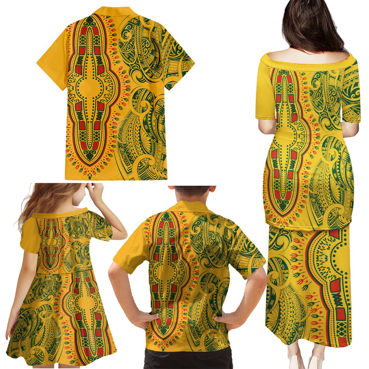 Africa Dashiki Family Matching Puletasi Dress and Hawaiian Shirt African Tribal Art Mixed Polynesian Tattoo Gold Color Unique - Wonder Print Shop