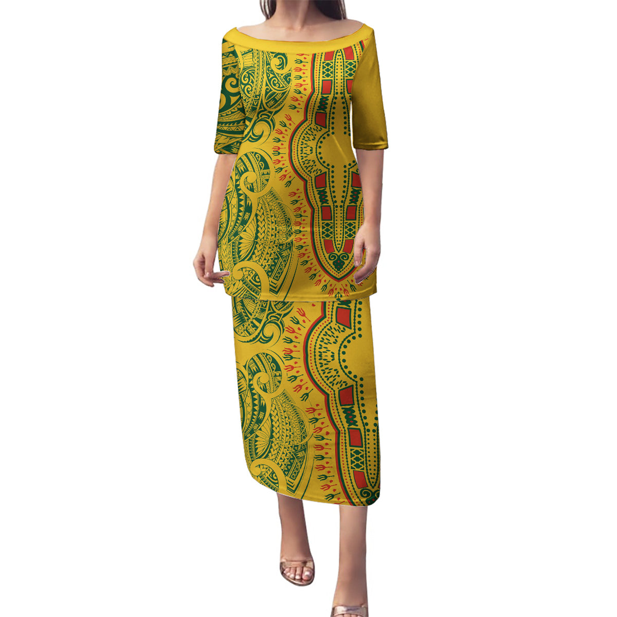 Africa Dashiki Family Matching Puletasi Dress and Hawaiian Shirt African Tribal Art Mixed Polynesian Tattoo Gold Color Unique - Wonder Print Shop