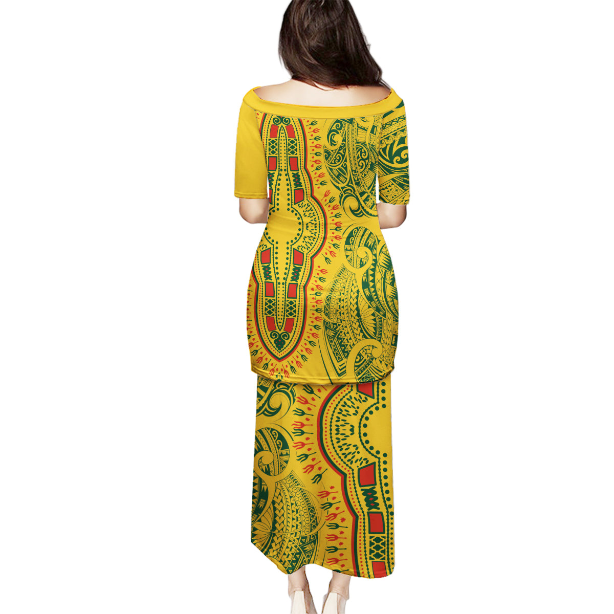 Africa Dashiki Family Matching Puletasi Dress and Hawaiian Shirt African Tribal Art Mixed Polynesian Tattoo Gold Color Unique - Wonder Print Shop