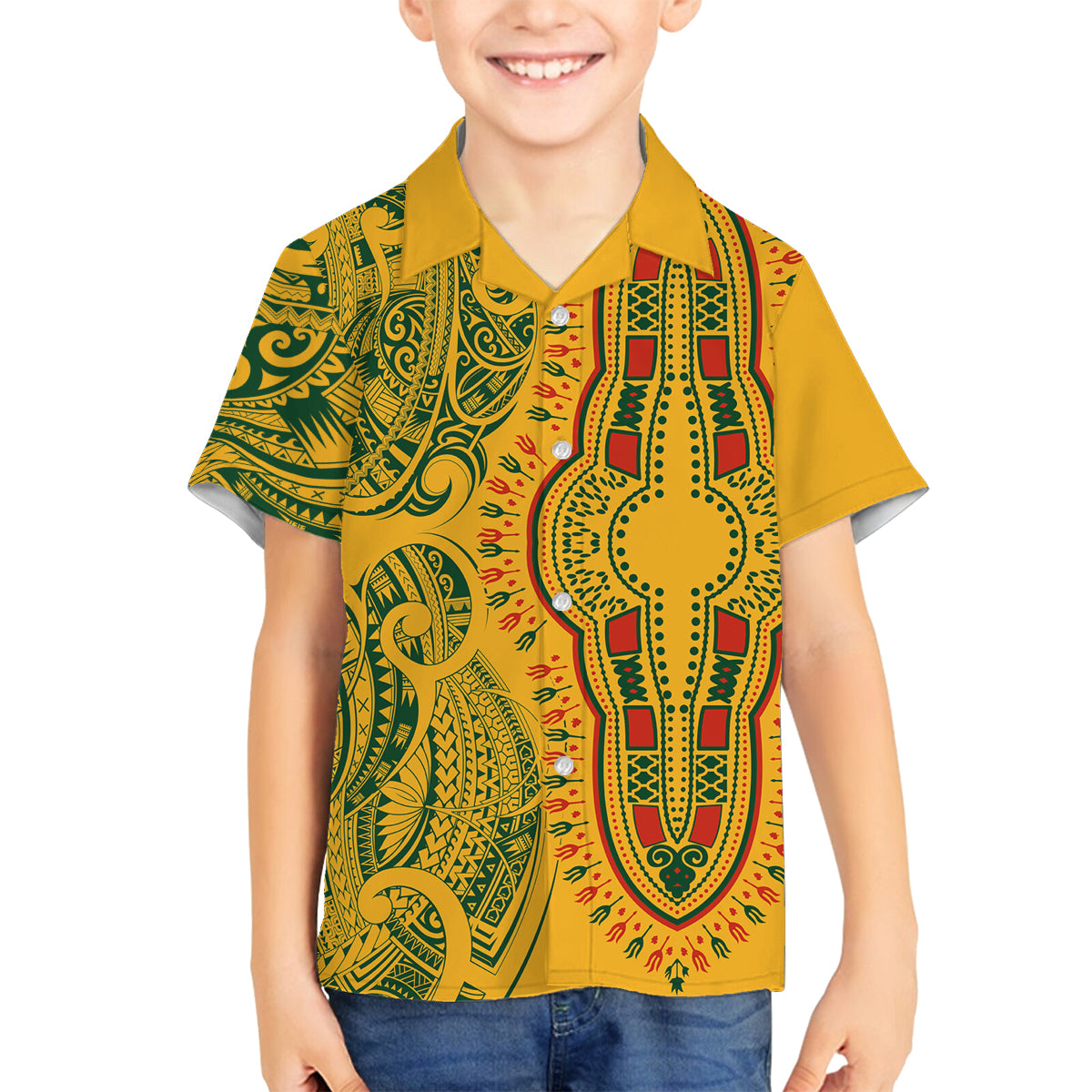 Africa Dashiki Family Matching Puletasi Dress and Hawaiian Shirt African Tribal Art Mixed Polynesian Tattoo Gold Color Unique - Wonder Print Shop