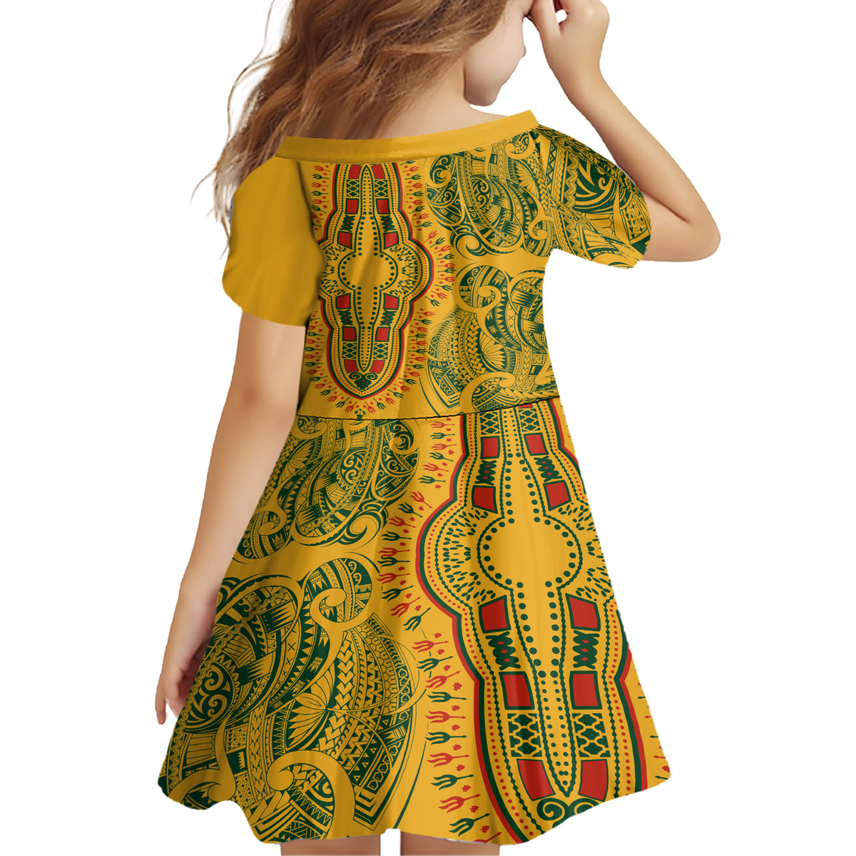 Africa Dashiki Family Matching Short Sleeve Bodycon Dress and Hawaiian Shirt African Tribal Art Mixed Polynesian Tattoo Gold Color Unique - Wonder Print Shop