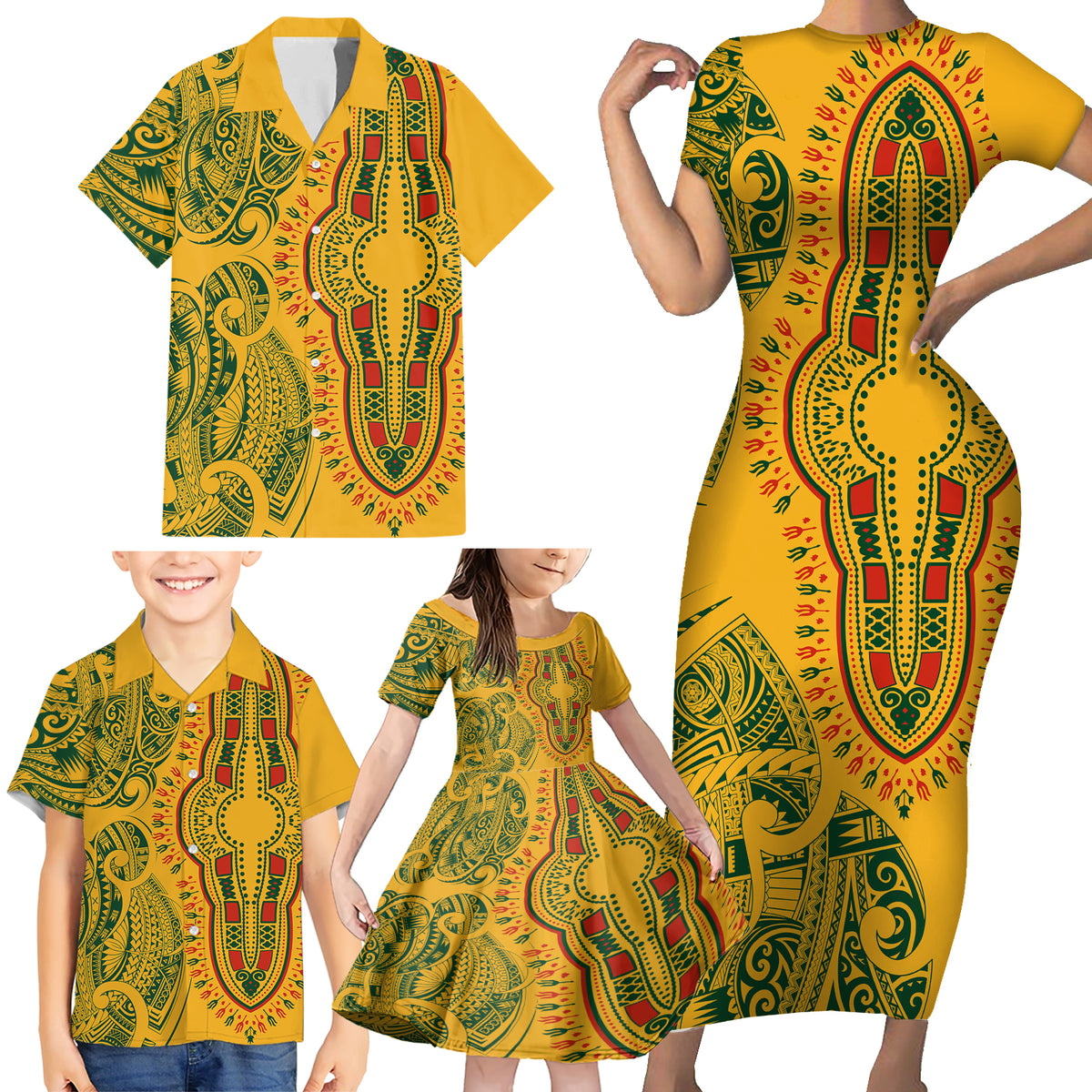 Africa Dashiki Family Matching Short Sleeve Bodycon Dress and Hawaiian Shirt African Tribal Art Mixed Polynesian Tattoo Gold Color Unique - Wonder Print Shop