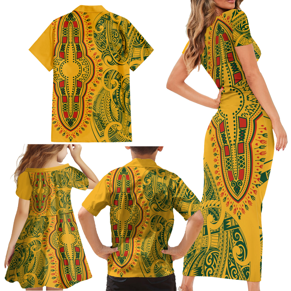 Africa Dashiki Family Matching Short Sleeve Bodycon Dress and Hawaiian Shirt African Tribal Art Mixed Polynesian Tattoo Gold Color Unique - Wonder Print Shop