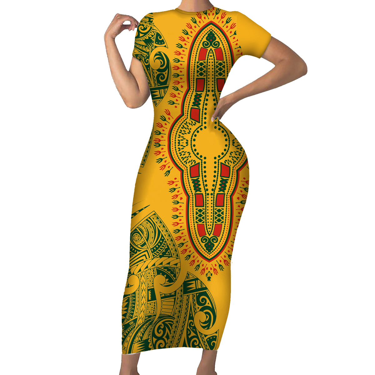 Africa Dashiki Family Matching Short Sleeve Bodycon Dress and Hawaiian Shirt African Tribal Art Mixed Polynesian Tattoo Gold Color Unique - Wonder Print Shop