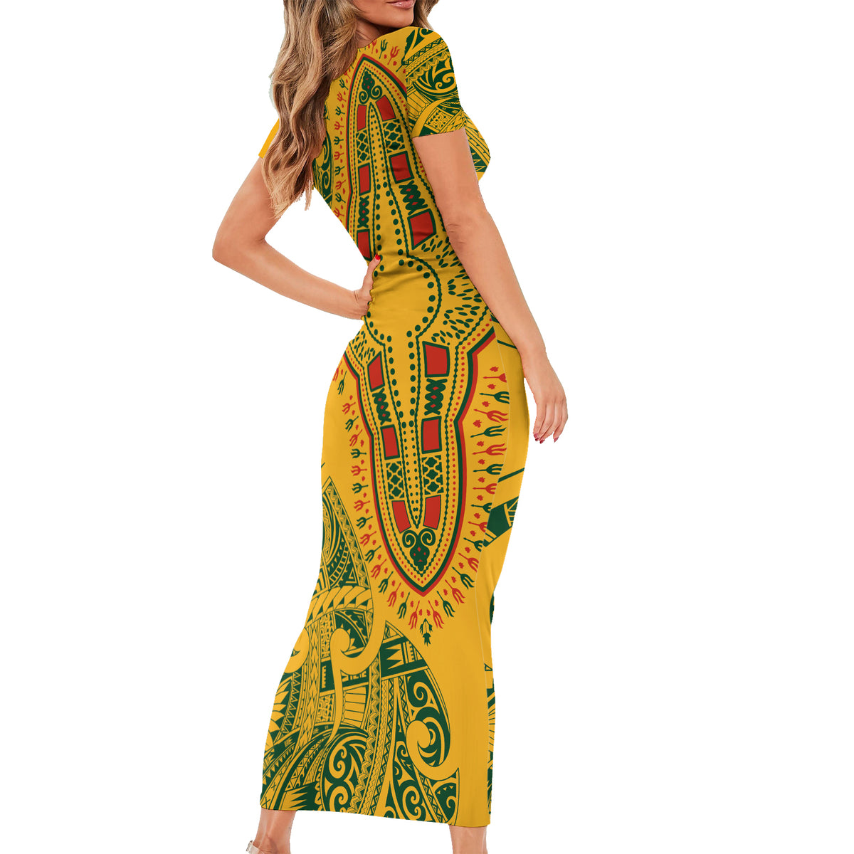 Africa Dashiki Family Matching Short Sleeve Bodycon Dress and Hawaiian Shirt African Tribal Art Mixed Polynesian Tattoo Gold Color Unique - Wonder Print Shop