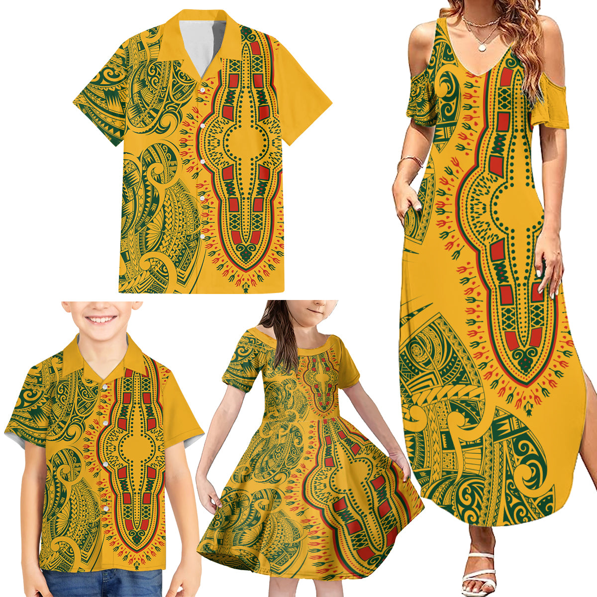 Africa Dashiki Family Matching Summer Maxi Dress and Hawaiian Shirt African Tribal Art Mixed Polynesian Tattoo Gold Color Unique - Wonder Print Shop
