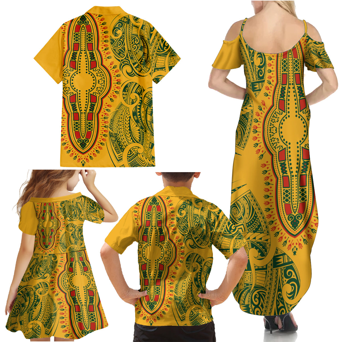 Africa Dashiki Family Matching Summer Maxi Dress and Hawaiian Shirt African Tribal Art Mixed Polynesian Tattoo Gold Color Unique - Wonder Print Shop