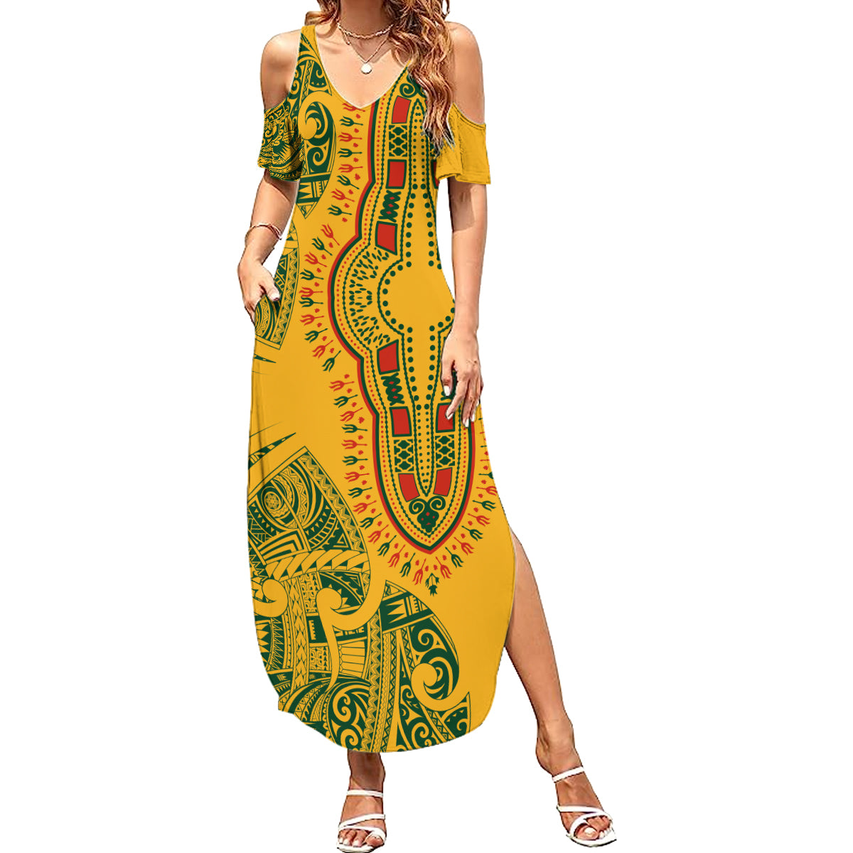 Africa Dashiki Family Matching Summer Maxi Dress and Hawaiian Shirt African Tribal Art Mixed Polynesian Tattoo Gold Color Unique - Wonder Print Shop