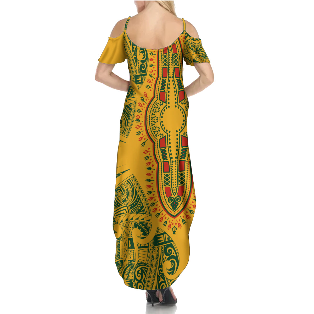 Africa Dashiki Family Matching Summer Maxi Dress and Hawaiian Shirt African Tribal Art Mixed Polynesian Tattoo Gold Color Unique - Wonder Print Shop