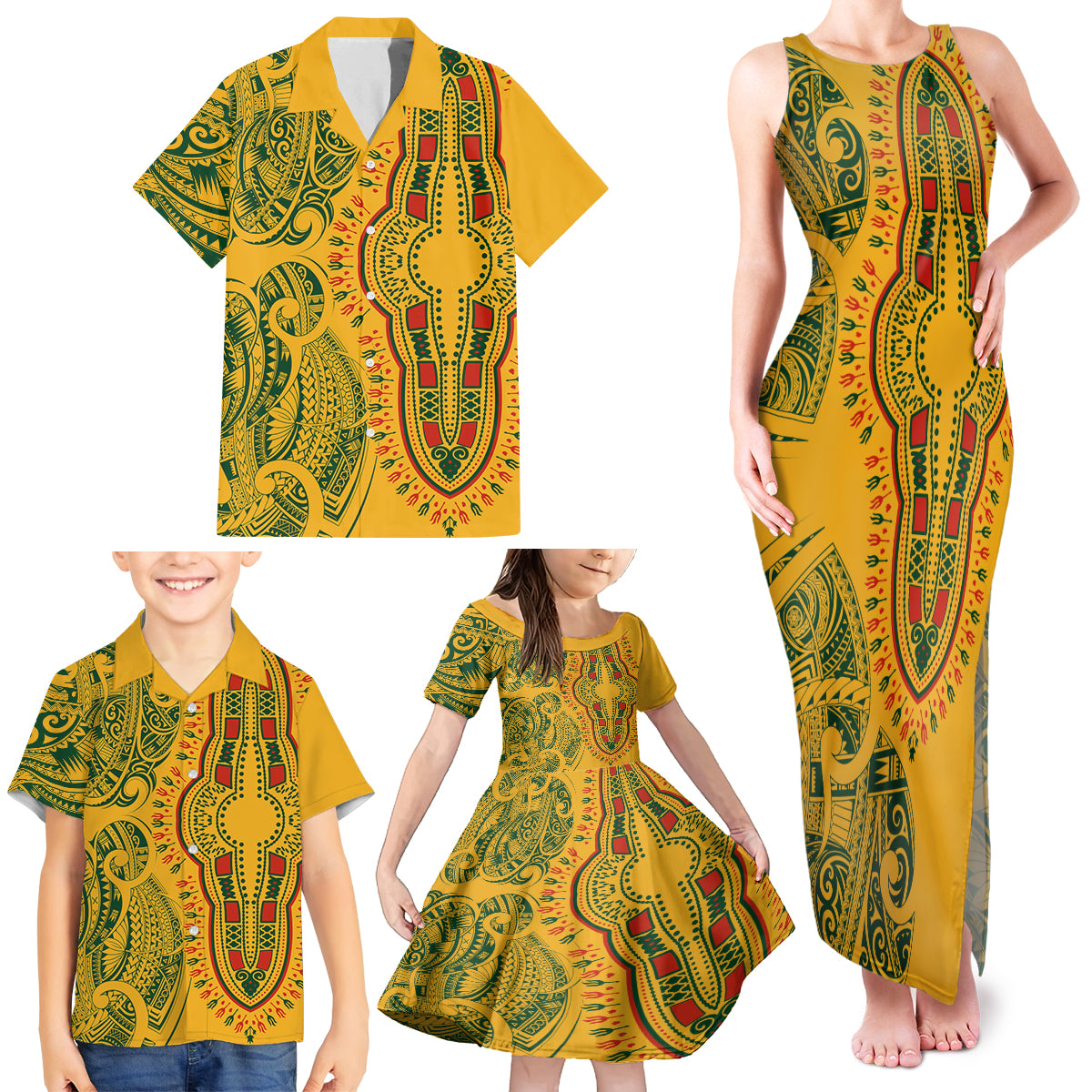 Africa Dashiki Family Matching Tank Maxi Dress and Hawaiian Shirt African Tribal Art Mixed Polynesian Tattoo Gold Color Unique - Wonder Print Shop