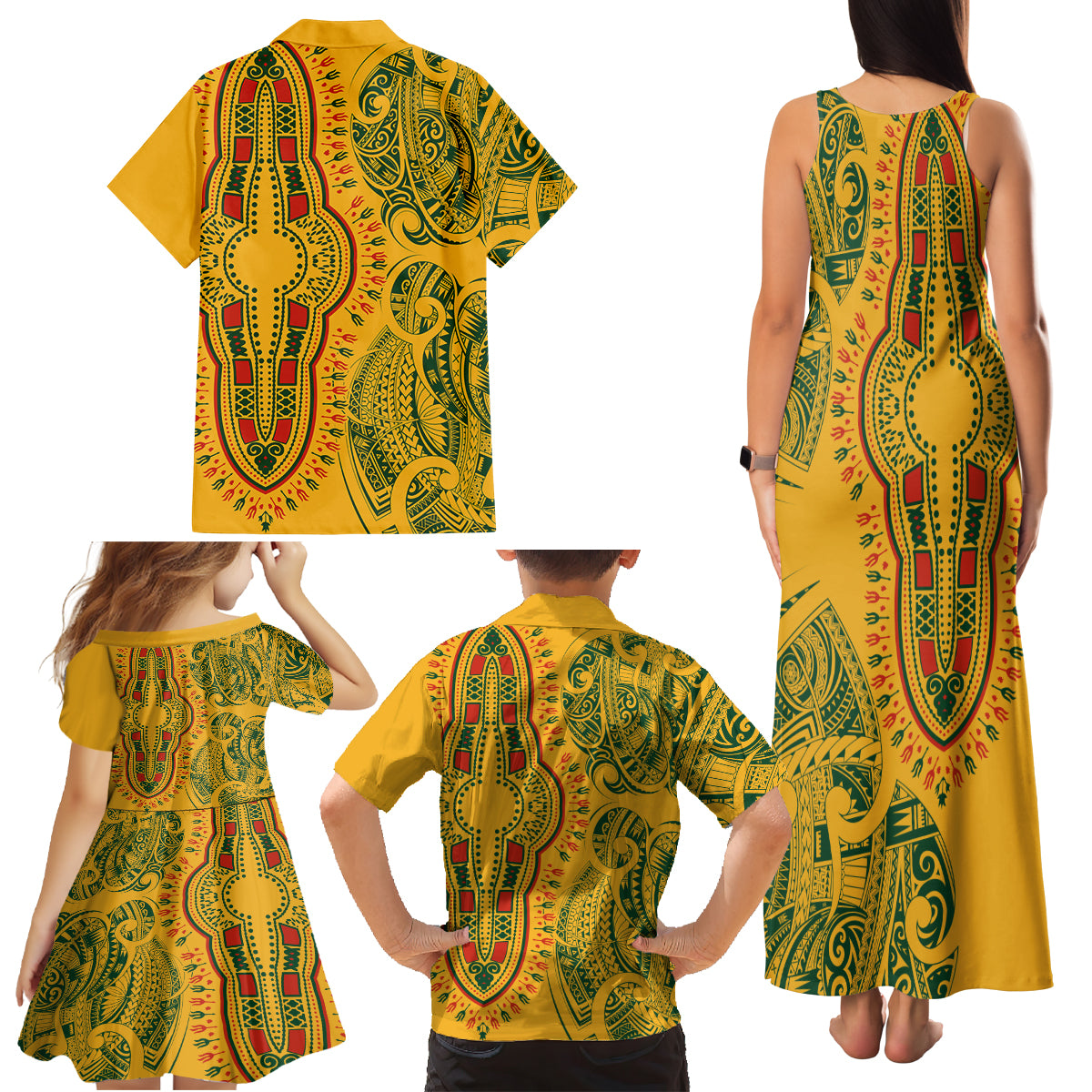 Africa Dashiki Family Matching Tank Maxi Dress and Hawaiian Shirt African Tribal Art Mixed Polynesian Tattoo Gold Color Unique - Wonder Print Shop