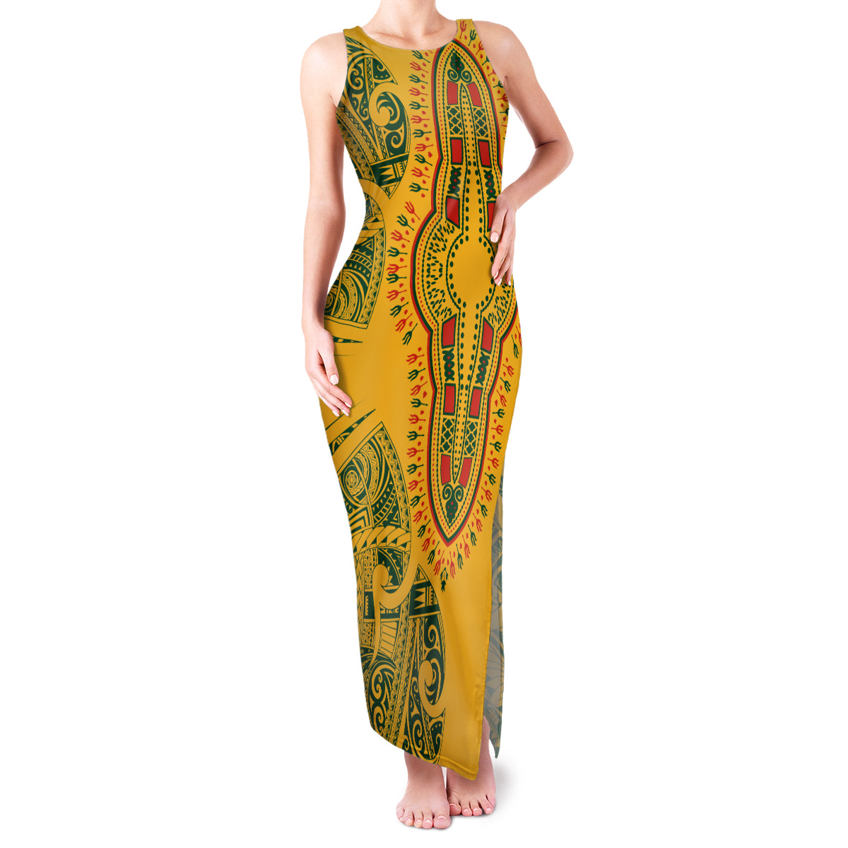Africa Dashiki Family Matching Tank Maxi Dress and Hawaiian Shirt African Tribal Art Mixed Polynesian Tattoo Gold Color Unique - Wonder Print Shop