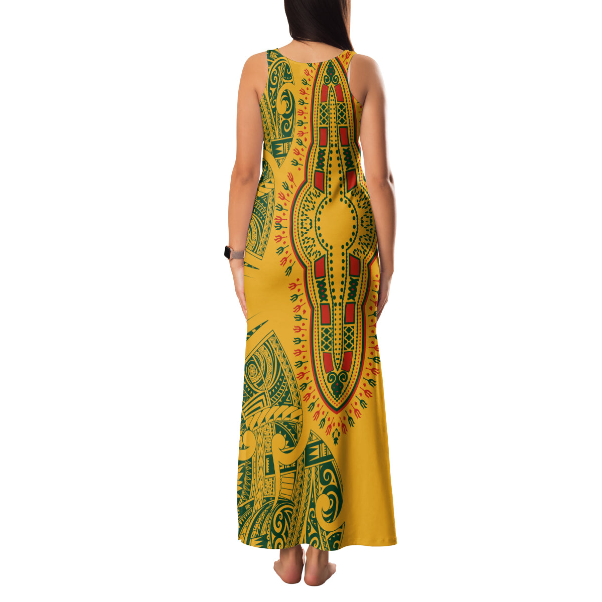 Africa Dashiki Family Matching Tank Maxi Dress and Hawaiian Shirt African Tribal Art Mixed Polynesian Tattoo Gold Color Unique - Wonder Print Shop