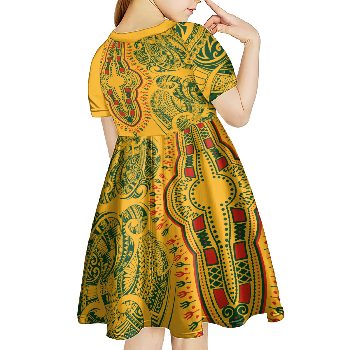 Africa Dashiki Kid Short Sleeve Dress African Tribal Art Mixed Polynesian Tattoo Gold Color Unique - Wonder Print Shop