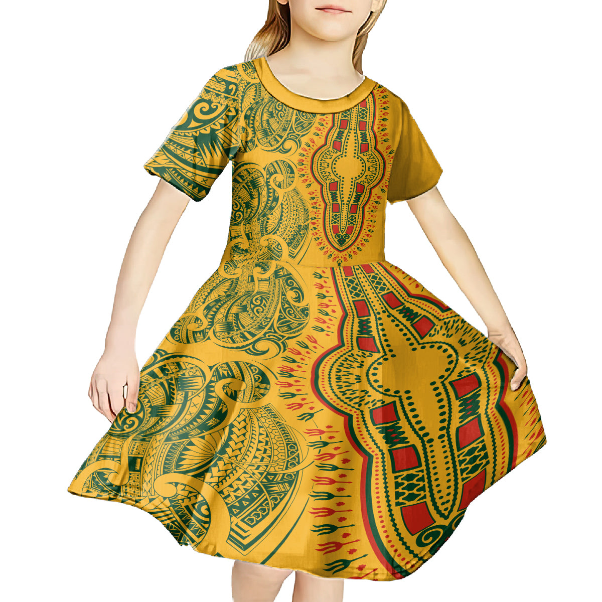 Africa Dashiki Kid Short Sleeve Dress African Tribal Art Mixed Polynesian Tattoo Gold Color Unique - Wonder Print Shop