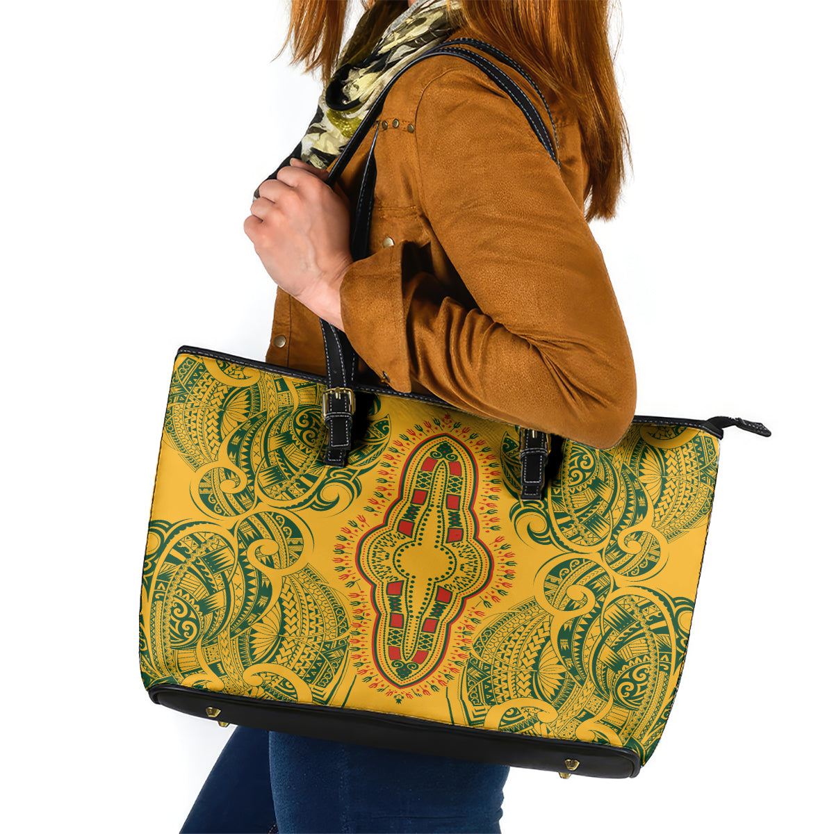 Africa Dashiki Leather Tote Bag African Tribal Art Mixed Polynesian Tattoo Gold Color Unique - Wonder Print Shop