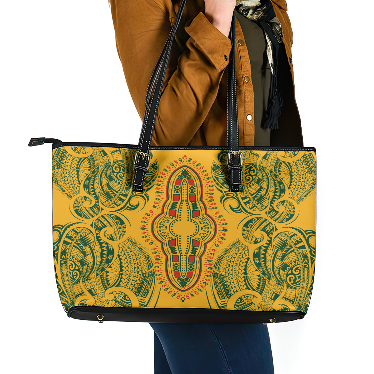 Africa Dashiki Leather Tote Bag African Tribal Art Mixed Polynesian Tattoo Gold Color Unique - Wonder Print Shop