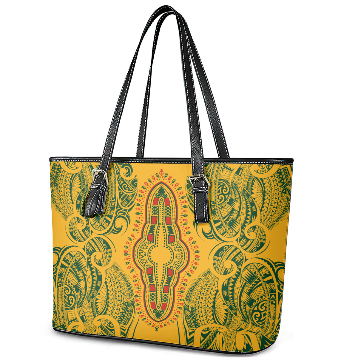 Africa Dashiki Leather Tote Bag African Tribal Art Mixed Polynesian Tattoo Gold Color Unique - Wonder Print Shop
