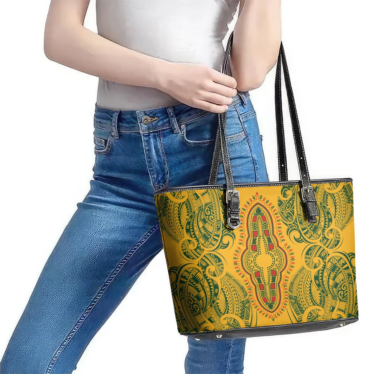 Africa Dashiki Leather Tote Bag African Tribal Art Mixed Polynesian Tattoo Gold Color Unique - Wonder Print Shop