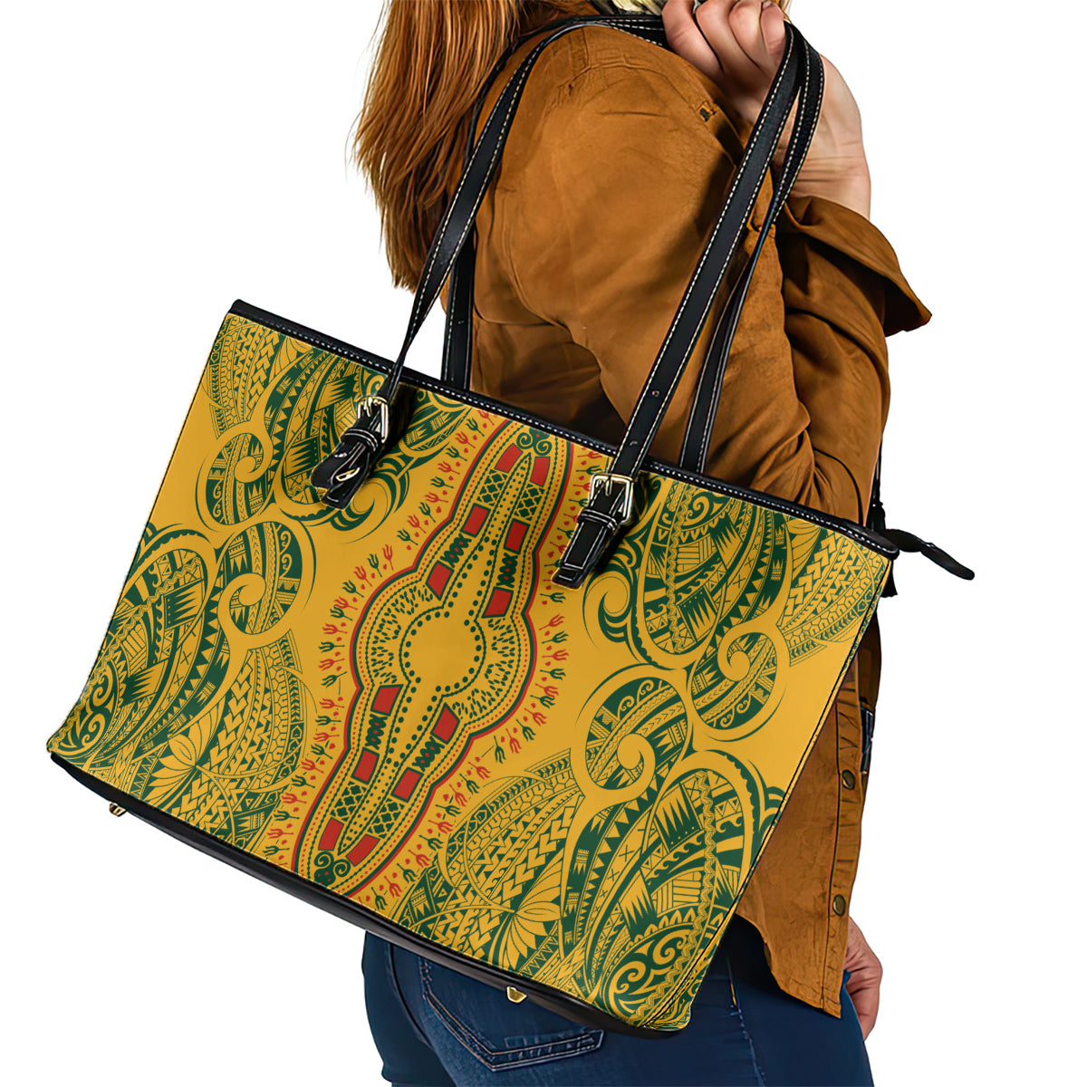Africa Dashiki Leather Tote Bag African Tribal Art Mixed Polynesian Tattoo Gold Color Unique - Wonder Print Shop