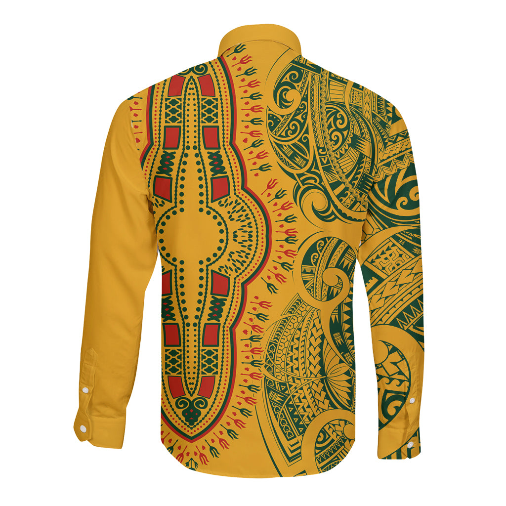 Africa Dashiki Long Sleeve Button Shirt African Tribal Art Mixed Polynesian Tattoo Gold Color Unique - Wonder Print Shop