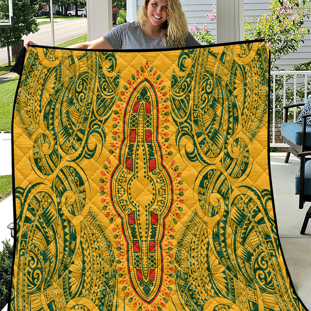 Africa Dashiki Quilt African Tribal Art Mixed Polynesian Tattoo Gold Color Unique - Wonder Print Shop