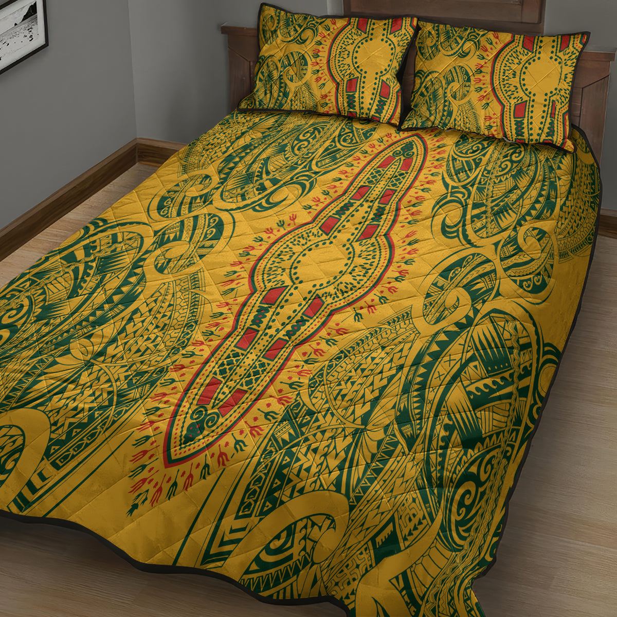 Africa Dashiki Quilt Bed Set African Tribal Art Mixed Polynesian Tattoo Gold Color Unique - Wonder Print Shop