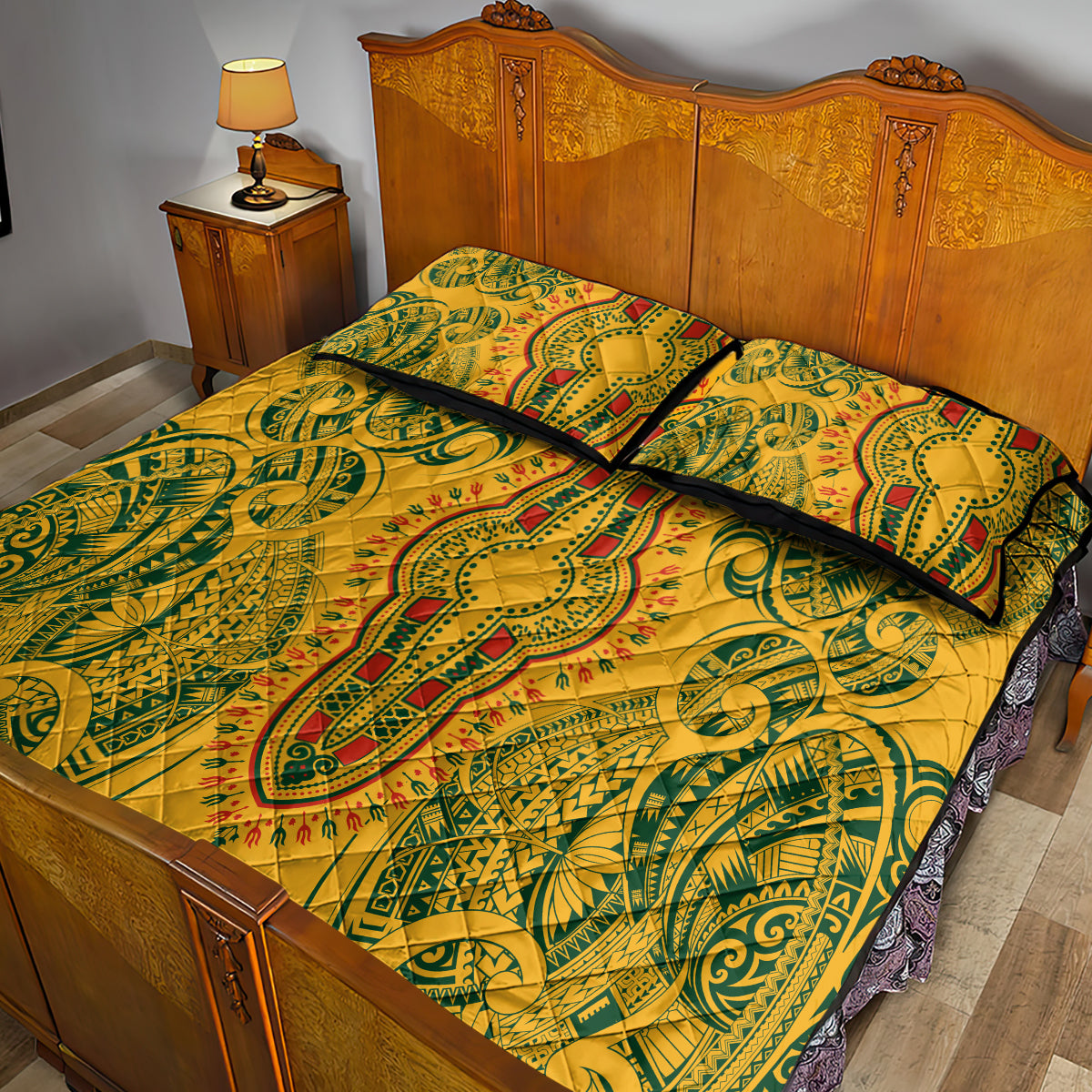Africa Dashiki Quilt Bed Set African Tribal Art Mixed Polynesian Tattoo Gold Color Unique - Wonder Print Shop