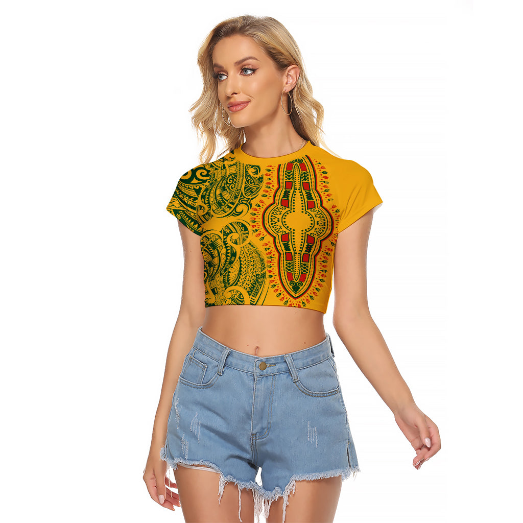 Africa Dashiki Raglan Cropped T Shirt African Tribal Art Mixed Polynesian Tattoo Gold Color Unique - Wonder Print Shop