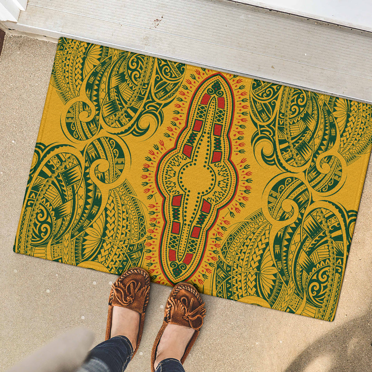 Africa Dashiki Rubber Doormat African Tribal Art Mixed Polynesian Tattoo Gold Color Unique - Wonder Print Shop