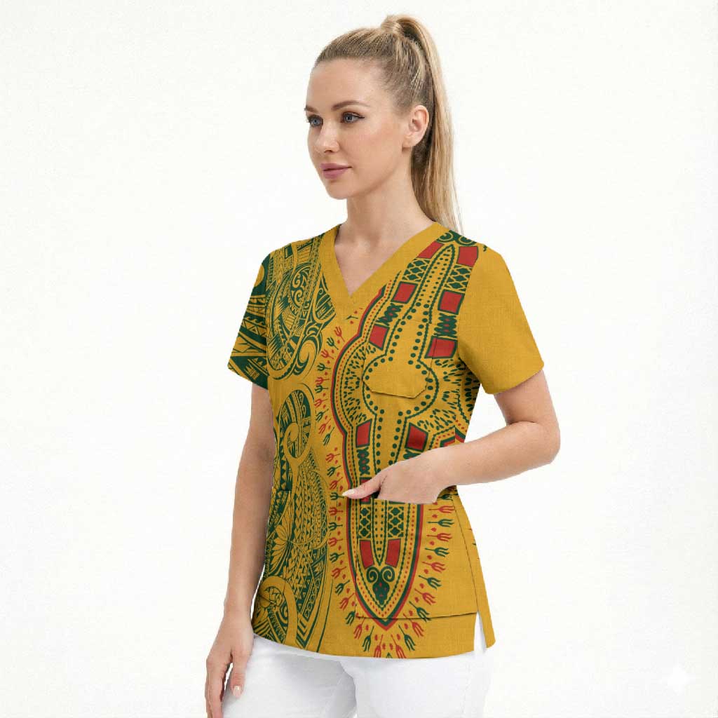Dashiki and Polynesian Pattern Scrub Top Afro Pacific Culture Gold Version
