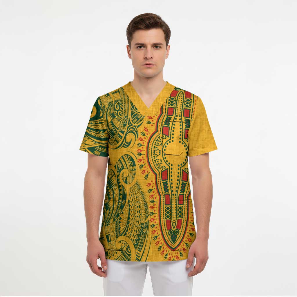 Dashiki and Polynesian Pattern Scrub Top Afro Pacific Culture Gold Version