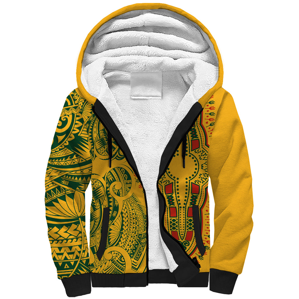 Africa Dashiki Sherpa Hoodie African Tribal Art Mixed Polynesian Tattoo Gold Color Unique - Wonder Print Shop
