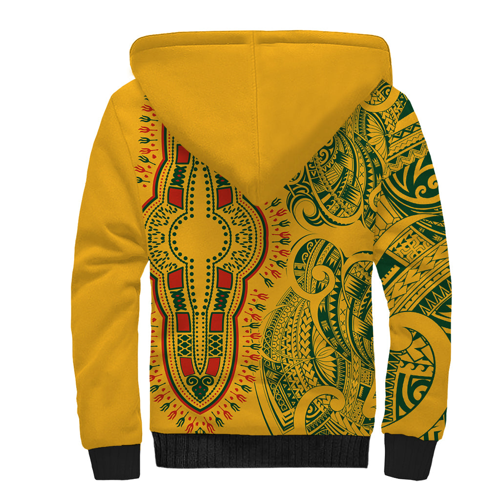 Africa Dashiki Sherpa Hoodie African Tribal Art Mixed Polynesian Tattoo Gold Color Unique - Wonder Print Shop