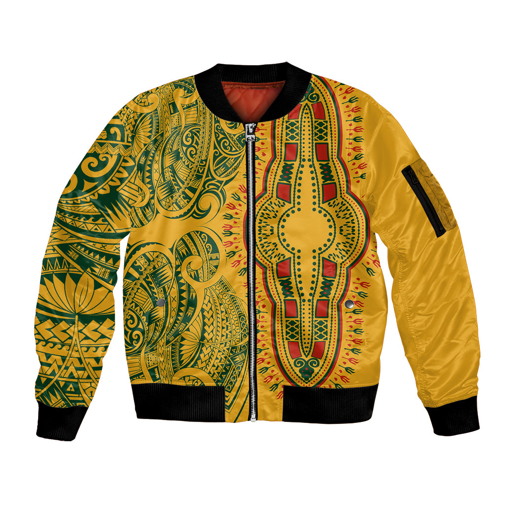 Africa Dashiki Sleeve Zip Bomber Jacket African Tribal Art Mixed Polynesian Tattoo Gold Color Unique - Wonder Print Shop