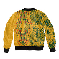 Africa Dashiki Sleeve Zip Bomber Jacket African Tribal Art Mixed Polynesian Tattoo Gold Color Unique - Wonder Print Shop
