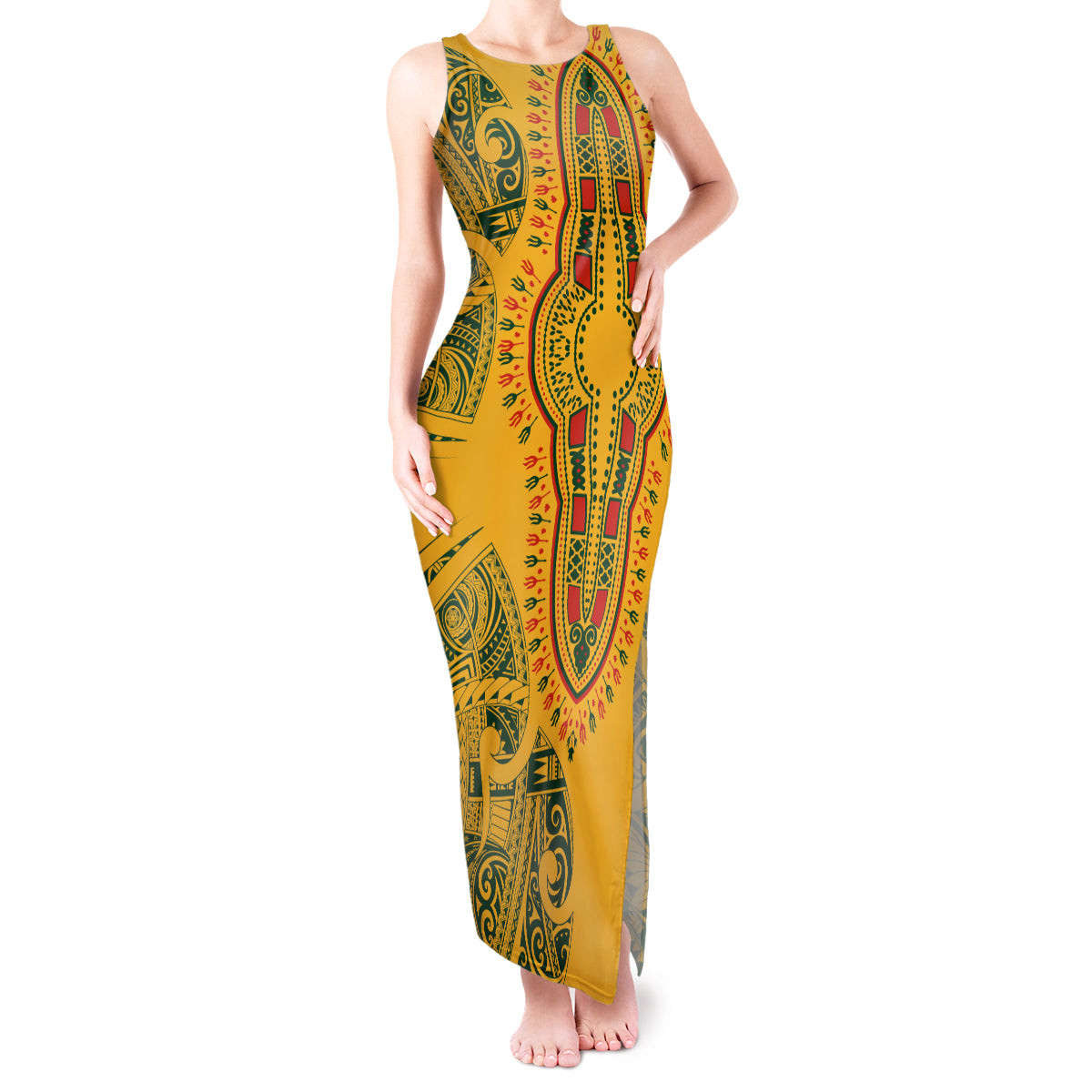 Africa Dashiki Tank Maxi Dress African Tribal Art Mixed Polynesian Tattoo Gold Color Unique - Wonder Print Shop