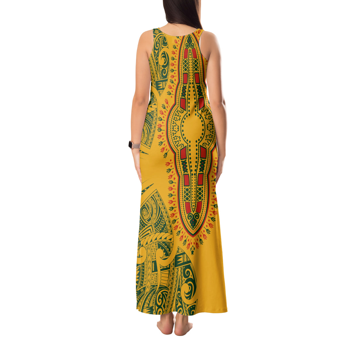 Africa Dashiki Tank Maxi Dress African Tribal Art Mixed Polynesian Tattoo Gold Color Unique - Wonder Print Shop