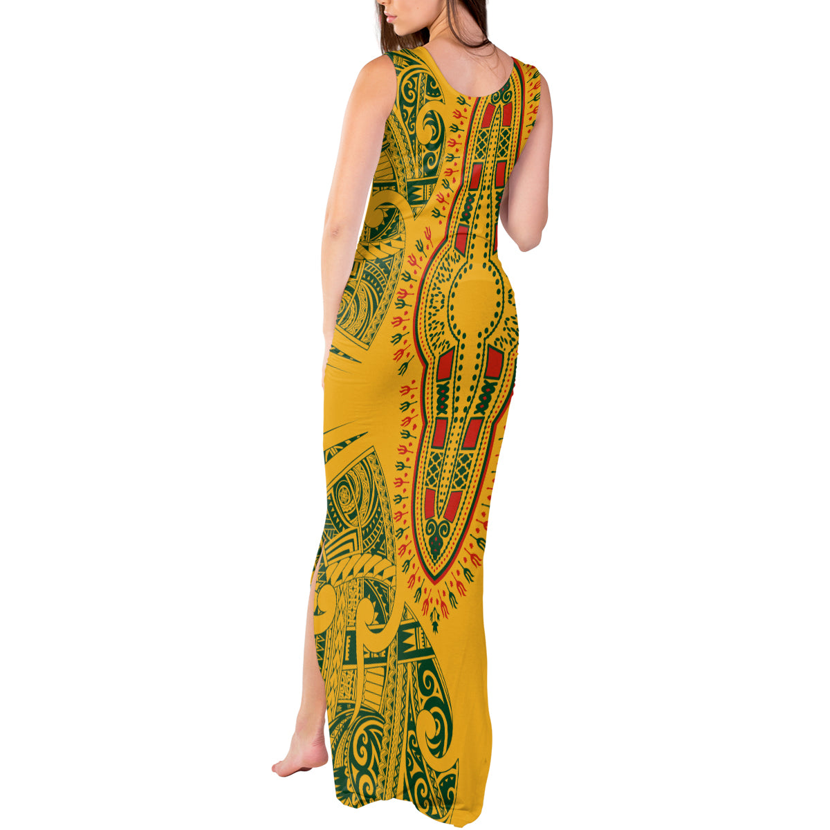 Africa Dashiki Tank Maxi Dress African Tribal Art Mixed Polynesian Tattoo Gold Color Unique - Wonder Print Shop