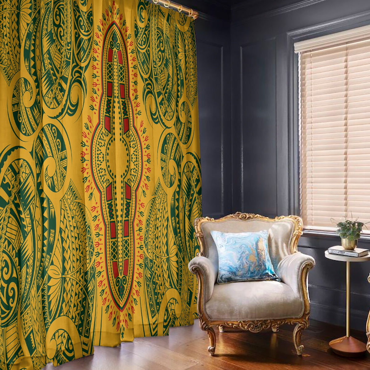 Africa Dashiki Window Curtain African Tribal Art Mixed Polynesian Tattoo Gold Color Unique - Wonder Print Shop