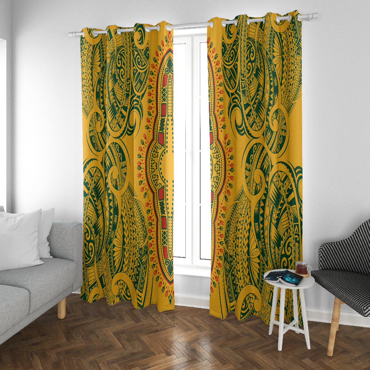 Africa Dashiki Window Curtain African Tribal Art Mixed Polynesian Tattoo Gold Color Unique - Wonder Print Shop