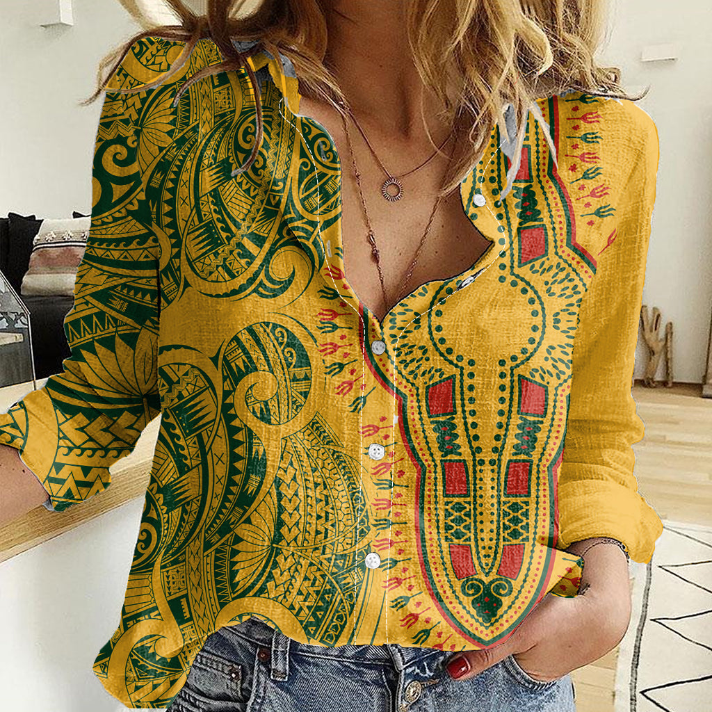 Africa Dashiki Women Casual Shirt African Tribal Art Mixed Polynesian Tattoo Gold Color Unique - Wonder Print Shop