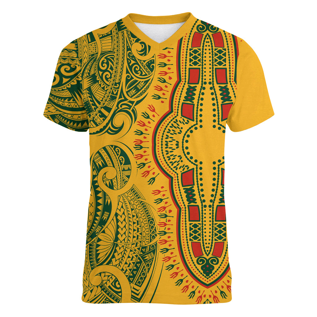 Africa Dashiki Women V Neck T Shirt African Tribal Art Mixed Polynesian Tattoo Gold Color Unique - Wonder Print Shop
