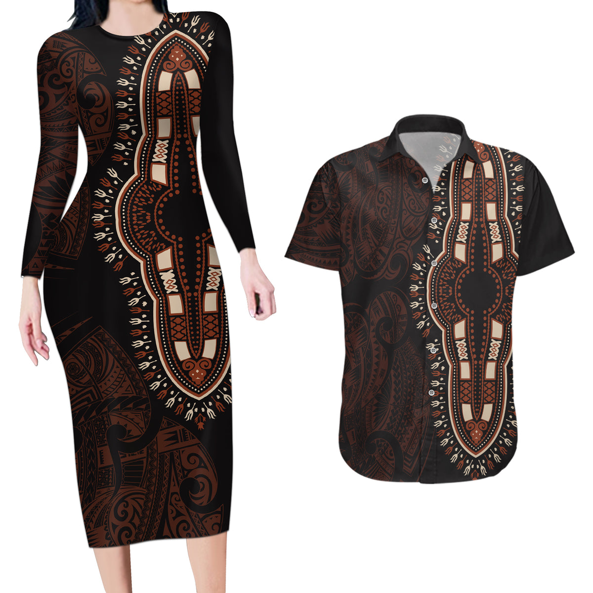 Africa Dashiki Couples Matching Long Sleeve Bodycon Dress and Hawaiian Shirt African Tribal Art Mixed Polynesian Tattoo Red Color Unique LT9 - Wonder Print Shop